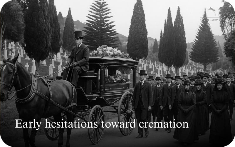 Vintage funeral procession with horse-drawn hearse passing through a cemetery.