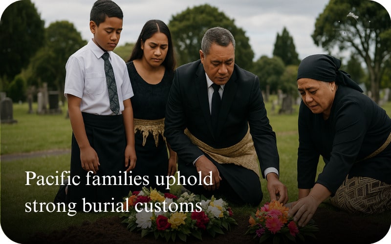 Pacific family placing flowers on grave, observing burial customs.