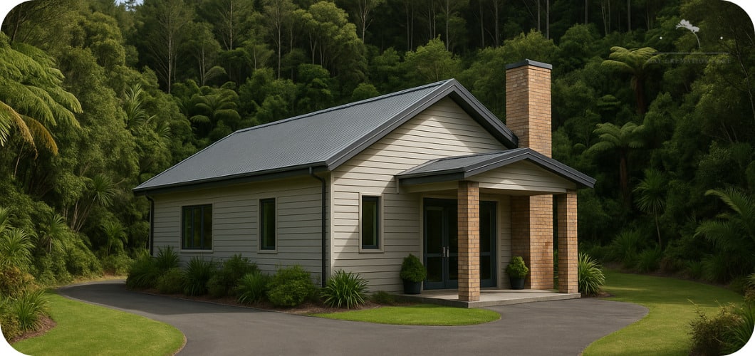 Modern crematorium building nestled in a forested area with a curved driveway.