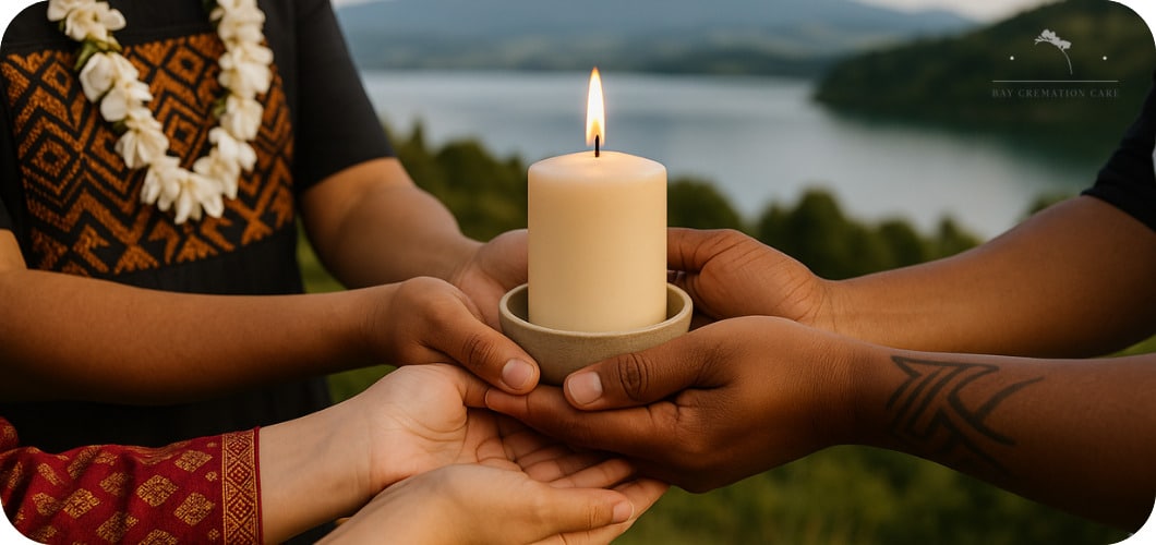 Hands holding a lit candle together near a lake, symbolizing unity.