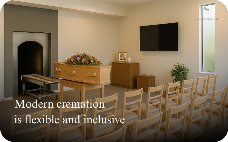 Modern cremation chapel with wooden casket, chairs, and personal tribute display.