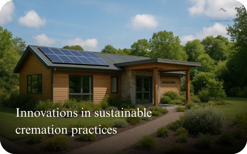 Eco-friendly crematorium with solar panels in a landscaped green environment.